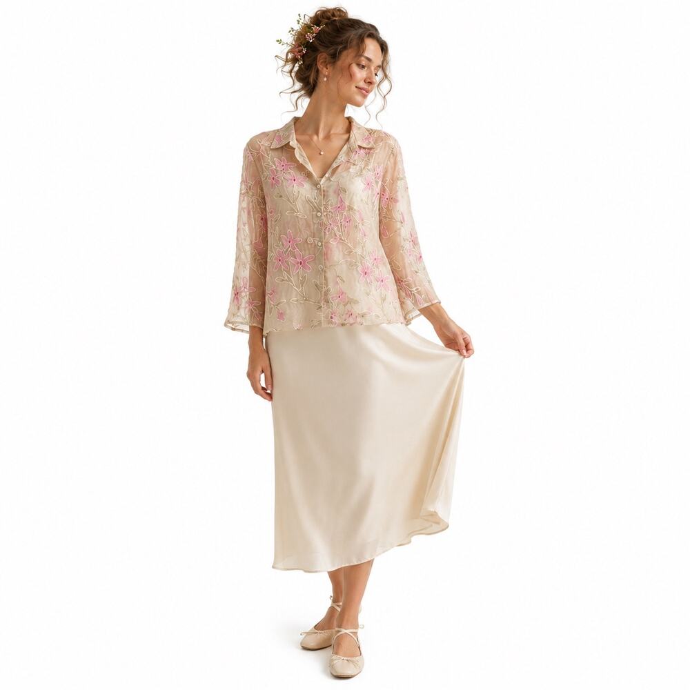 Coldwater Creek Sheer Floral Embroidered Button BlousePink Beige M Whimsical